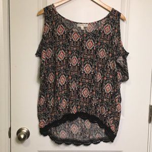 Love Fire Hi-Low Western Print Cold Shoulder Top